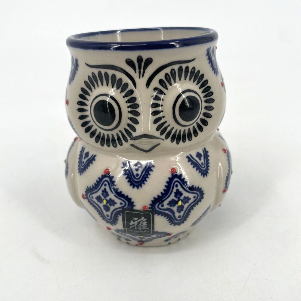 Yokohama Studio Owl Mug 3D Textured Hand Painted Blue White Miyabi Boho Cup 12oz